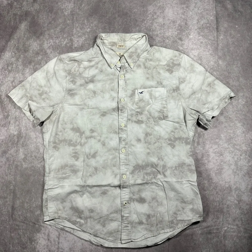 Hollister Mens Short Sleeve Button Down Shirt Grey Tie Dye Stretch XL Casual